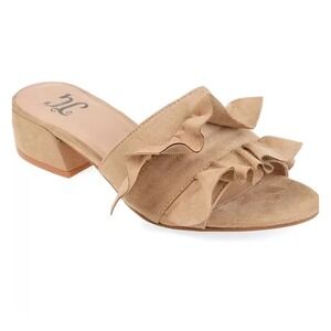 Journee Collection Sabica Taupe Ruffle Block Heel Slide Sandal 7‎ NIB Faux Suede